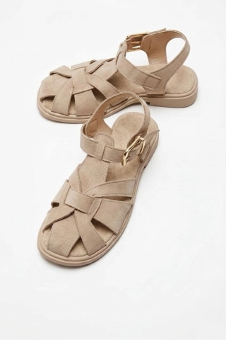 Women Beige Suede Cage Sandals Elegant Strappy Block Heel Shoes